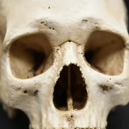 An extreme close up photograph of a skull, dents, holes, macro photography, dof