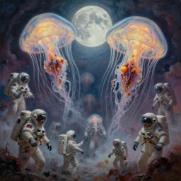 concept art of giant translucent glowing jellyfishes, astronauts, lovecraftian, lots of teeth, melting horror, round moon, rich clouds, fighting the horrors of the unknown, high resolution, very detailed, roaring, volumetric light, mist, grim, fine art, decaying, textured oil over canvas, epic fantasy art, very colorful, ornate, anato finnstark