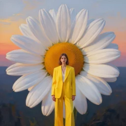 giant daisy flower head, frontal, girl in a yellow suit, surreal photography, sunrise, dramatic light, impressionist painting, digital painting, artstation, simon stalenhag