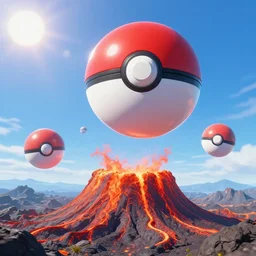 pokemon ballons floating over a lava mountain, sunny day