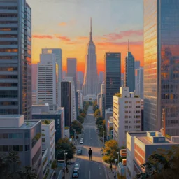 lone wanderer in a highly detailed cinematic tokyo suburb, psychedelic, amazing, by feng zhu, wayne barlowe, perfect geometry, hdr, 4 k, hyper - detailed, sharp, beautiful, desaturated, beautiful lighting, oil on canvas, sunset, cinematic composition, trending on artstation, gnomon