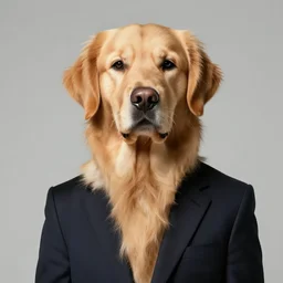 a golden retriever that looks like tom cruise wearing a suit