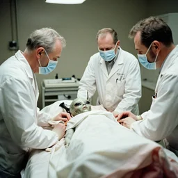 1960s photographic evidence of alien autopsy, doctors wearing masks and examining body with alien face, partially covered by sheets