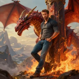 demi - dragon ryan rynolds wearing jeans leans against a pillar of fire on a mountain romance novel fantasy artwork epic detailed and intricate digital painting trending on artstation by wlop octane render
