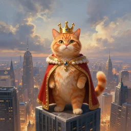 a fantasy painting of an anthropomorphic orange tabby cat as a king, standing on a skyscraper overlooking a vast city, cinematic, beautiful lighting, dramatic
