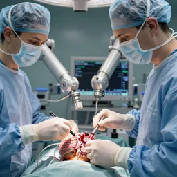 a close up view of an brain transplant in an operating room with robotic surgeons , photorealistic,by Wlop,4k resolution