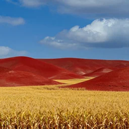 A realistic landscape of a unknown world, red hills, blue atmosphere, yellow corn fields, cloudy, red particules.