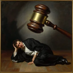 a dramatic oil painting of a man on the floor trembling with fear in the shadow of a massive judge hammer above him, highly detailed, dramatic lighting, oil on canvas, vivid