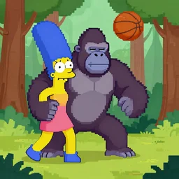A gorilla playing basketball with Marge Simpson and winning in a forest, Pixel Art