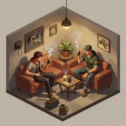 two csgo characters siting and chilling in cozy smoking room, plan b, lots of details, digital paining, concept art, poster, isometric