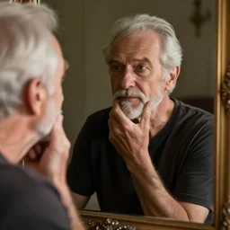 old man looking at himself in the mirror