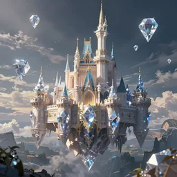 an epic drawing Artstation style of a floating castle, with diamonds and crystals buildings around it. Ray tracing reflections,
