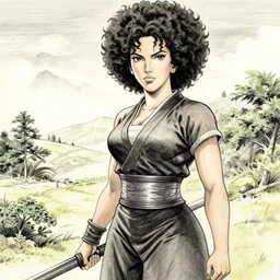 scarlett johansson as afro samurai in beautiful japanese landscape, manga style, greg rutkowski, pencil and ink