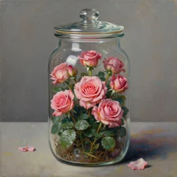a rose garden trapped inside a jar with the lid on. beautiful detailed dramatic painting by artgerm and magali villanueve and michael whelan