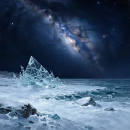 landscape by ivan aivazovsky, at winter made of glass matte painting cosmic sea universe at night synthwave extraterrestial alien, archdaily, wallpaper, highly detailed, trending on artstation.