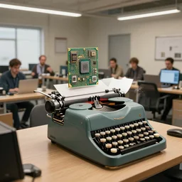 in an office room a very detailed computer cpu machine symbiosis with an underwood typewriter machine hybrid olivetti typewriter inside of a large office by sparth and jeff simpson and lee madgwick and beeple and tyler edlin, modern, retro, classic, industrial design, in another room, - t