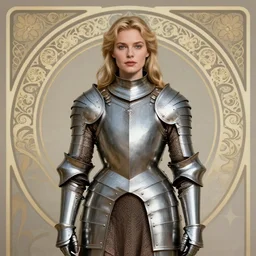 centered portrait, Imogen Poots as a D&D paladin, blonde hair, plate armour, Art Nouveau, beautiful retro Fantasy heroine 1985, intricate, elegant, highly detailed, centered, digital painting, trending on artstation, concept art, smooth, sharp focus, illustration, art by raphael lacoste, eddie mendoza, Mucha, alex ross, WLOP