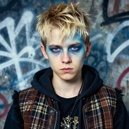 highly detailed closeup portrait of a sewer punk rogue boy, tartan vestments, blonde hair by atey ghailan, by greg rutkowski, by greg tocchini, by james gilleard, by joe fenton, by kaethe butcher, gradient, blue, black, brown and cream color scheme, grunge aesthetic!!! white graffiti tag wall background