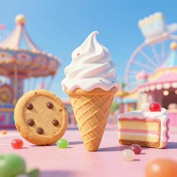 cookie, ice cream, gumdrops, candy, cake, whipped cream amusement park, sunny, 4k, trending on artstation, architectural photography
