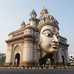 high quality 3 d render sci - fi neoclassical mumbai, kalighat hanuman!! head building, highly detailed, cinematic smooth unreal engine, graeme haunholter, hard morning light, long shot, low angle, uhd 8 k, sharp focus