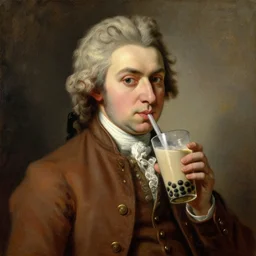 wolfgang amadeus mozart drinking a bubble tea, oil painting, rembrandt