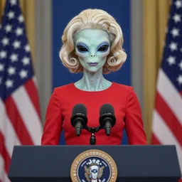 photograph of a an alien wearing a blond wig and a red dress and ((Joe Biden)) at a press conference
