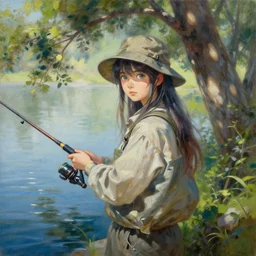 oil painting by ilya kuvshinov,, baugh casey, artgerm craig mullins, coby whitmore, of a youthful anime girl, long hair, fishing and wearing fisherman's outfit, fisherman's hat, highly detailed, breathtaking face, studio photography, noon, intense bounced light, water reflection, large tree casting shadow, serine intense sunlight