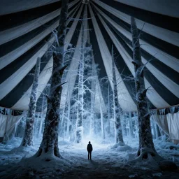 looking up from a forest with trees made of ice inside a huge tent with black and white stripes by gerald brom, art, 4 k, masterpiece, ambient light