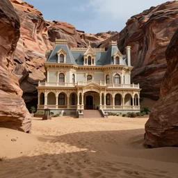 a large, victorian mansion covered in sand in a canyon.