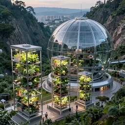 vertical farm structures next to sci - fi nuclear cuboid glass containment building in a steep sided valley with trees and a city in the distance, a sense of hope and optimism, hyper realistic, high res, 4 k, lit from above, edouard groult, bynde, kirill leonov, isaac zuren