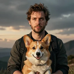 Eric Wareheim with a corgi, hyperrealistic, RPG portrait, ambient light, dynamic lighting, golden hour