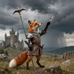 anthropomorphic fox!! who is a medieval knight holding a swo - rewd towards a stormy thundercloud [ 1 9 3 0 s film still ], ( fantasy castle in the background )