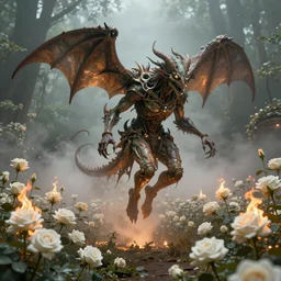 Surreal Scifi Demon Floating in the air, in the middle of a garden of white roses burning, photo realistic, insanely detailed, mist, trending on artstation, golden ratio, ultra super good realistic 3D render by Agesandro de Rodas & Emil Melmoth