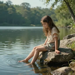 an epic cinematic masterpiece of hyperrealism in which a girl sits on a rock by a lake with her feet in the water, a realistic poster with shaded lighting from craig mallismo, artgerm, jeremy lipkin and michael garmash, unreal engine, radiant light, detailed and complex environment, digital art, art station trends