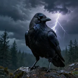 a close up portrait of an angry crow!!, standing on a rock in a storm, lightning, dramatic clouds, digital matte painting, fantasy art, moody, dark, brooding, forests, trending on artstation, cgsociety, unreal engine