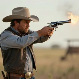 a cowboy wearing a cowboy hat and shooting a revolver into the air. digital art. trending on artstation. amazing quality. great composition. perfect lighting. professional design. mind blowing detail. impressive colors. award winning art.