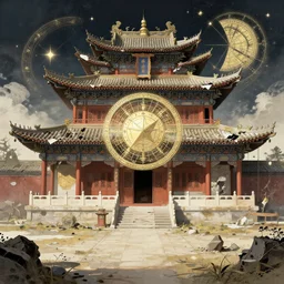 a dreamland of chinese ukiyo - e + geometry and astrology, a decaying chinese temple, stunning atmosphere, illustrated by boris vallejo, game, movie concept art, full color manga cover, symmetrical, simple color palett by mucha, zdzislaw, tyler jacobson, noah bradley, james paick