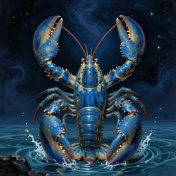 The god of wateers resembles a blue lobster, blue lobster, cosmic, horror, Peter Mohrbacher, artwork by Peter Mohrbacher, inspired by Salvador Dalí, surreal