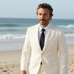 bradley cooper on the beach in white suit and tie, brown hair, beard, hyperdetailed, artstation, cgsociety, 8 k