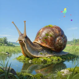 photo of a giant snail man guardian of the holy lake, bizarre, moss, grassy, beautiful environment, flying colorful ink, clear blue sky, digital painting, highly detailed, masterpiece, art by andreas achenbach, august macke, alice bailly, alison geissler