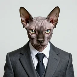 photographic portrait of a wrinkly sad max ernst hairless cat, wearing a suit, editorial