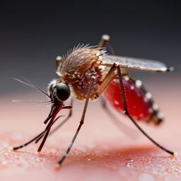 extremely detailed macro photograph of a mosquito sucking red liquid, blur, glare, veins, transparency, bubbles, professional photography, studio, microscope