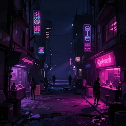 cyberpunk street at night with shops and bars, purple and pink neons, shadows, very dark, shady characters, dirty, poor, futuristic