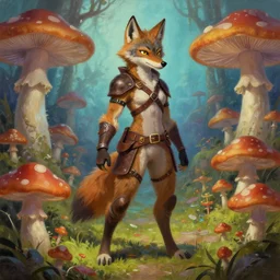 a maned wolf fursona anthro girl thief with leather - strap - armor is exploring the enchanted mushroom lands. trending on artstation and pixiv. a vibrant digital oil painting. a highly detailed fantasy character illustration by wayne reynolds and charles monet and gustave dore and carl critchlow and bram sels