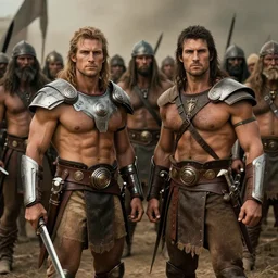 two ancient tribesman  with futuristic weapons standing in front of barbarian horde, handsome symmetrical faces, muscular bodies, dramatic lighting, cinematic, establishing shot, extremely high detail, photorealistic, 300 the movie,monster hunter the movie, monster hunter, cinematic lighting, artstation, octane render, western,old photo, vintage