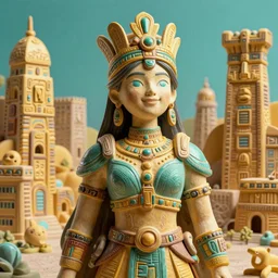 landscape city ceramic portrait happy queen bounty hunter cyberpunk inca in tribal regalia, an idea seep's into infinity highly detailed in volumetric latent space, golden turquoise, cinematic light, sharp focus, divine realm of gods, octane render,