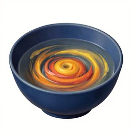 boiling imagination in a bowl, ultra detailed, digital painting, dark blue, yellow, orange, red