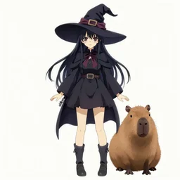full body portrait character concept art, anime key visual of a little witch with her capybara mascot, delicate features finely detailed perfect face, gapmoe yandere grimdark, trending on pixiv fanbox, painted by greg rutkowski makoto shinkai takashi takeuchi, studio ghibli, hews