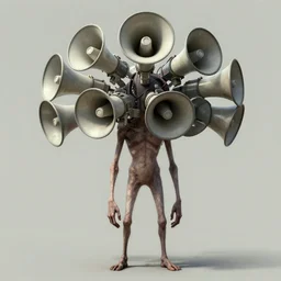 a very thin tall huge humanoid with several megaphones instead of a head. character concept art, extremely high details, artstation contest winner, art by dariusz zawadzki, simon stalenhag. masterpiece