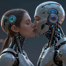 ultra realistic close - up of a 3 d render beautiful couple of robots kissing, cyberpunk, sci - fi, fantasy, kodak, flare, octane render, colour led, soft light, volumetric lighting, night, intricate, highly detailed, digital painting, concept art, smooth, sharp focus, illustration, art by artgerm and greg rutkowski and alphonse mucha